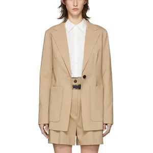 Benutzer definierte Marke Frauen Zweiteiler Set Solid Beige Hochwertige Mode Single Button Langarm Büro jacke für Damen
