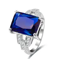 Caoshi anel feminino, anel feminino para festa, retangular, formato de zircônio cúbico, 925, prata com pedra azul