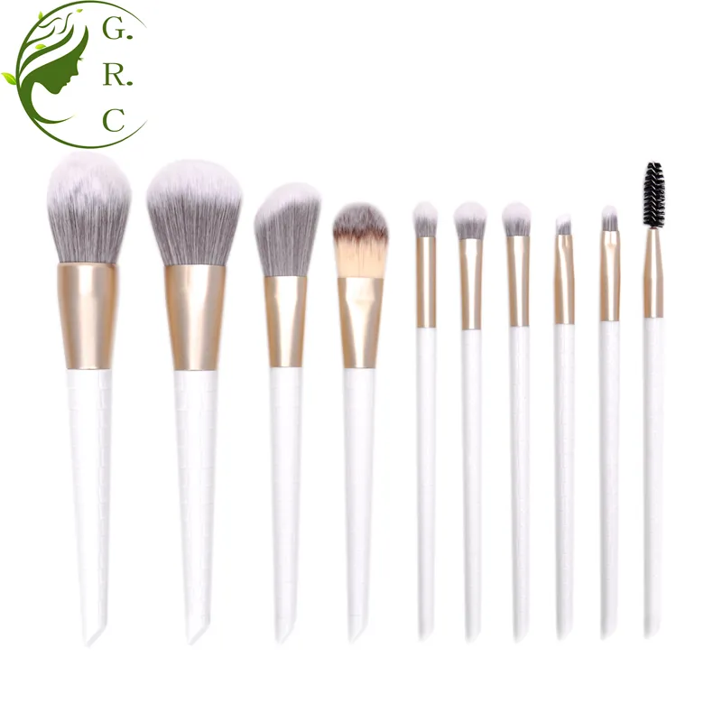 Blanco cuero de la PU mango de plástico cepillos con virola de aluminio cosmética herramienta de belleza Etiqueta Privada 10pcs maquillaje cepillo conjunto