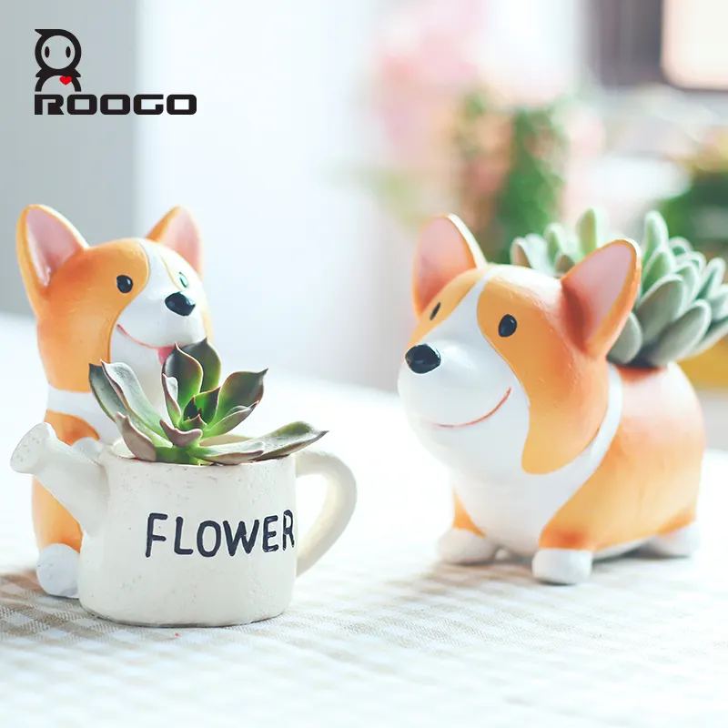 ROOGO Leuke Corgi Hond Beeldje kleine desktop groene Plant Succulente planter box