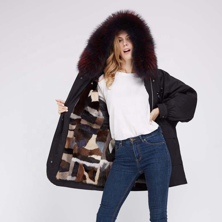 Nouvelle Arrivée Femmes D'hiver Capuchon De Fourrure Veste Manteau Dames Long Réel De Fourrure De Vison Militaire Parka