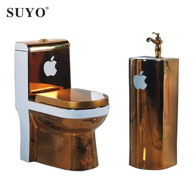 Ensemble de salle de bain sanitaire couleur dorée en céramique dragon cuvette de toilette siège or wc toilette