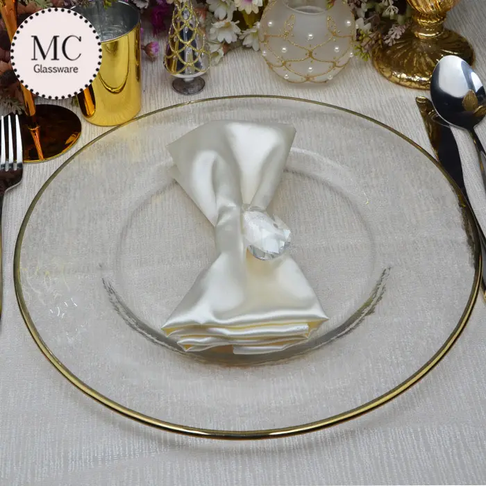 Cheap glass silver clear glass charger plates Wholesale clear glass dinnerware sets gold rim dinner for wedding table decoration