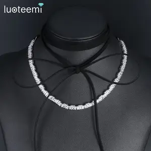 LUOTEEMI Vintage Siyah Süet Trendy Geometrik Kübik Zirkonya Zincir Gerdanlık Kolye Kadınlar Için Parti Takı