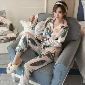 Quiki Silk Satin Spring Printing Pattern Set Rayon Sleepwear Long Sleeve Women Pajamas