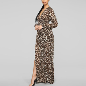 2019 nueva llegada verano europeo moda mujer cuello v manga larga maxi <span class=keywords><strong>vestido</strong></span> de <span class=keywords><strong>leopardo</strong></span> - Product Image 1