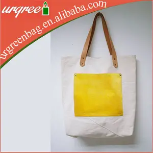 Lemon Yellow Canvas Tote Bag With Outside Pocket Leather Men