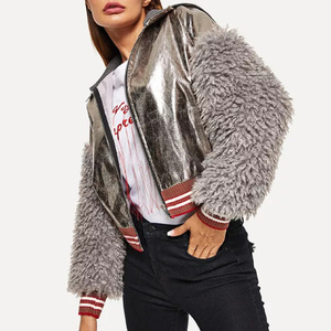 High Quality Faux <strong>Shearling</strong> Sleeve Silver Metallic <strong>Jacket</strong> Women Sparkle PU Leather <strong>Bomber</strong> <strong>Jacket</strong> - Product Image 4