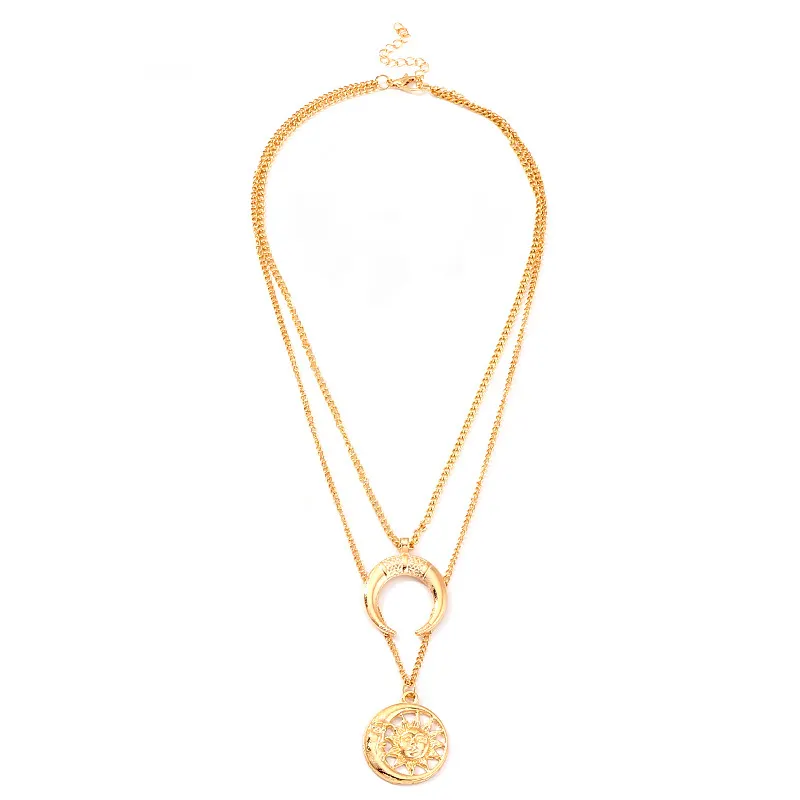 Fashion Vintage Two Row Layer Gold Necklace with Crescent Moon and Sun Charms for Women