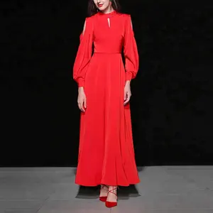 Gaun Maxi Panjang Wanita, Baju Turtleneck Setengah Ramping Merah Perempuan Elegan