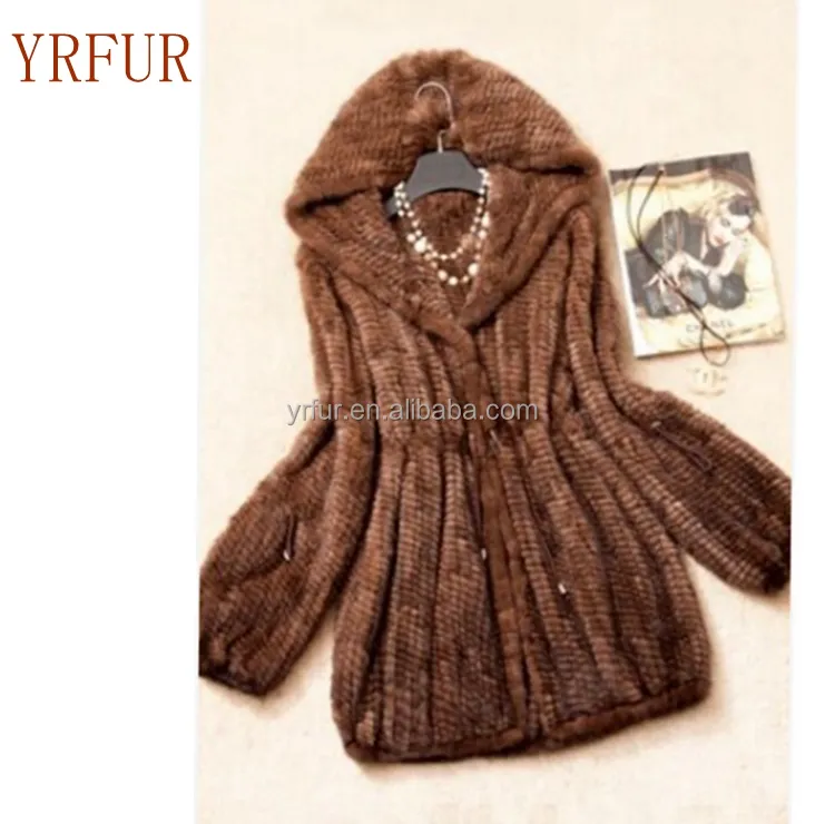 YR784 Classic Fashion Hand Knit Mink Fur Coat for women
