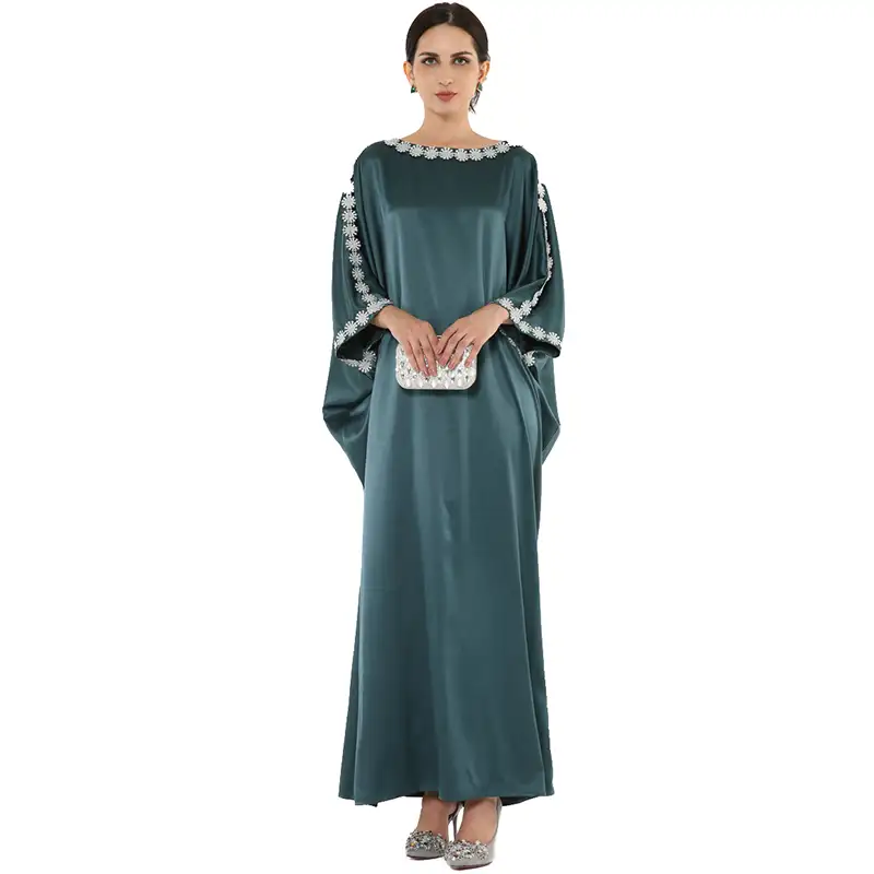 Abaya ลูกไม้สีเขียวยาวทรงหลวมสำหรับชาวมุสลิม,เสื้อคลุมผ้าลูกไม้สีขาวฤดูร้อน A3357