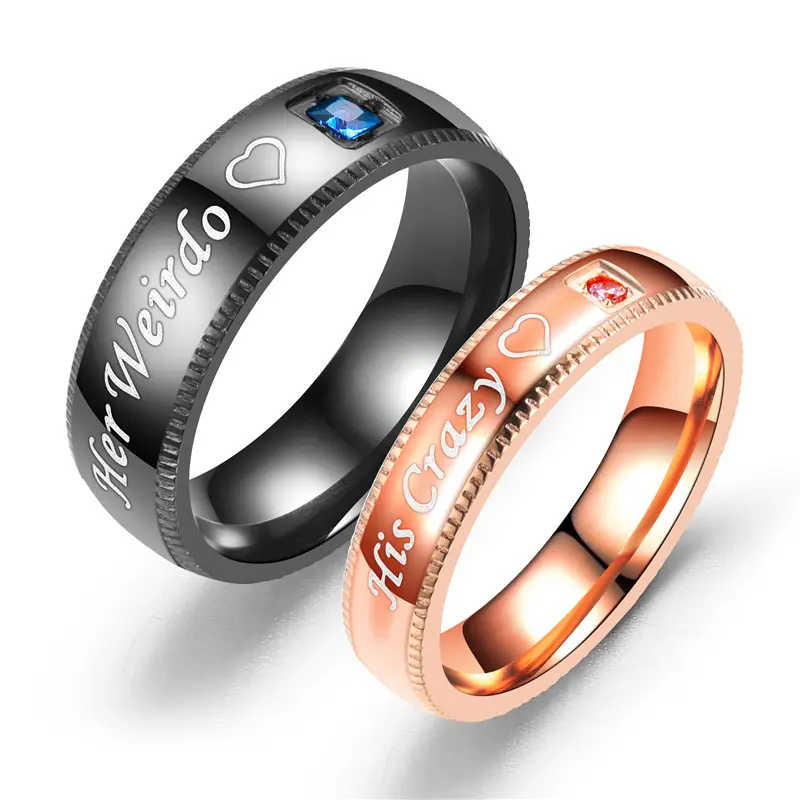 Romantische Lover Engagement Ring Rvs Zwart/Rose Goud Kleur Belofte Ring Zijn Crazy Haar Weirdo Titanium Stalen Ring