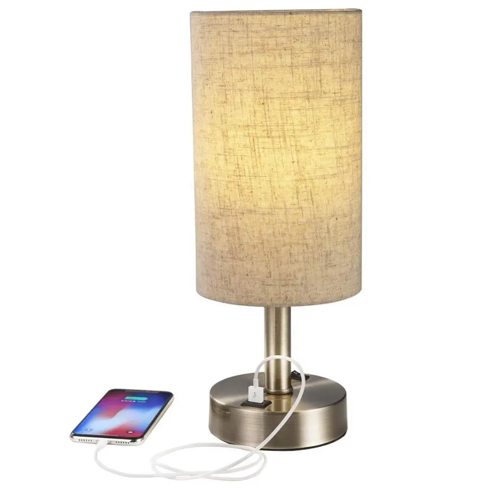JLT-15653 modern home convenient 5V 2A usb charing rechargeable restaurant table lampwith cylinder lampshade bronze metal base