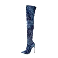 Woemsn नीले रंग की डेनिम जींस कटार उच्च एड़ी से अधिक घुटने लंबे जूते फैशन जूते