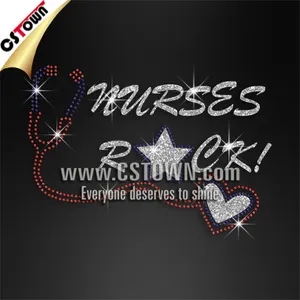 Nurse Rock Letters Custom Tee Shirt Transfers Wholesale Iron on Rhinestone Flatback Motif Rhinestones Round Shape 8.2''W*5.7''H