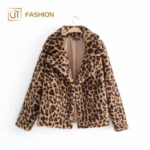 New arrival jtfur leopard ladies warm short lapel fake fur jacket