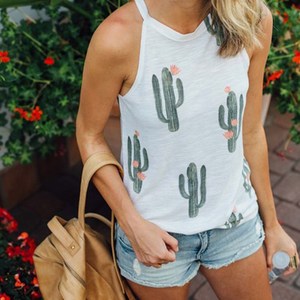 New Sleeveless Black White T Shirt <span class=keywords><strong>donna</strong></span> Cactus Print Tees Halter Harajuku <span class=keywords><strong>donna</strong></span> TShirt top Tees camicie femminili - Product Image 2