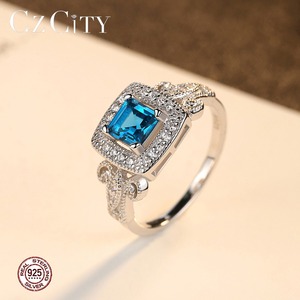 CZCITY 여성 보석 반지 925 스털링 실버 여성 패션 블루 토파즈 스톤 약혼 반지