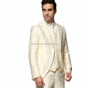 Traje de Moda Color Marfil (Chaqueta+Pantalones+Chaleco), <span class=keywords><strong>Trajes</strong></span> Personalizados de Color Sólido con Pedrerí<span class=keywords><strong>a</strong></span>, Traje de Boda para Hombre, Traje Bordado de Tres Piezas, Esmoquin - Product Image 2