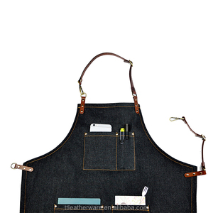 <b>Black</b> Denim Barber Kitchen <b>Apron</b> with Genuine Leather Strap - Product Image 5