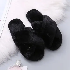 New fashion women fotwear faux fur lining flat slides mink fur upper solid open toe slippers indoor outdoor warm slippers