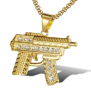 Fashion Men 24 Inch Iced Out 18k Gold Stainless Steel UZI Gun Pendant Necklace