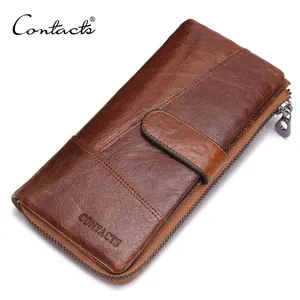 Contact's Custom Fashion Genuine Leather Long zipper card holder wallet Design Phone Purse clutch Men Wallet for men