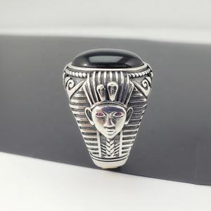 黒瑪瑙925スターリングシルバーリング女性男性エジプトファラオクリエイティブジュエリー工場価格卸売 - Product Image 5