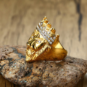 Bague de luxe Hip Hop pour homme, motif tête de lion, ornée de strass en cristal, couronne en or 18 carats - Product Image 3