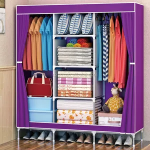 armoire storage organizer with curtain doors 4 cubes+2 hanging sections large space combination wardrobe standing closet