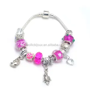 Europea vintage argento di murano del braccialetto di fascino di lampwork dei monili di colore rosa rosa braccialetto di fascino