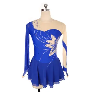 Blu stella a cinque punte modello di pattinaggio di figura costume della ragazza pannello esterno di pattinaggio pattinaggio costume costume delle signore a maniche lunghe spandex