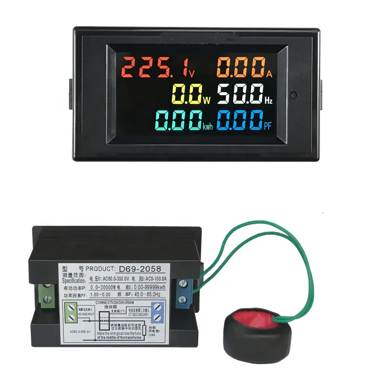 Monitor de CA 6 en 1, medidor de frecuencia de energía eléctrica KWH activo de Factor de corriente de voltaje 100A, LCD Digital