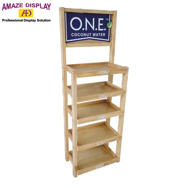 OEM customized grocery store 5 shelf natural wood bakery product display stand
