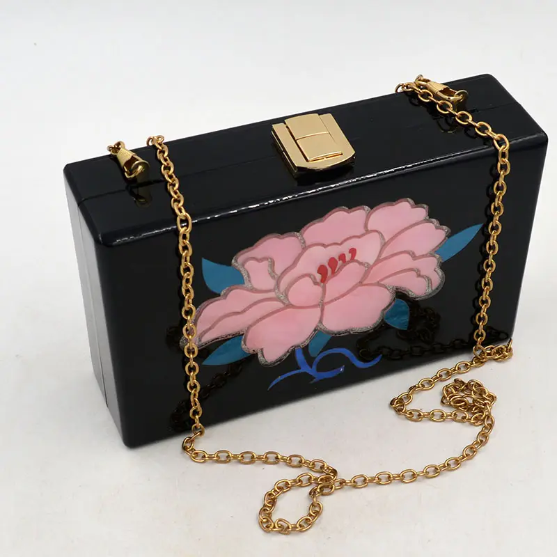 Latest Fashion Clutch Evening Handbags Box Printing Lotus Classic Black Purse Acrylic Bags Clutch