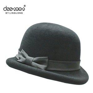 Main D'hiver 100% Laine Feutre Lady Plaine Chapeau Melon Avec Gris Bowknot - Product Image 3