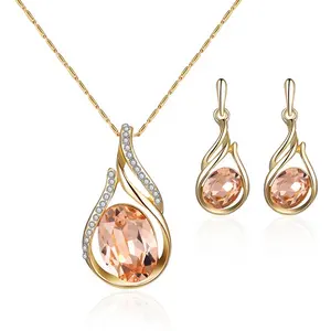 Parures de bijoux pour la mariée, collier avec strass plaqué or, en alliage, boucles d'oreilles, pendentif ovale en cristal