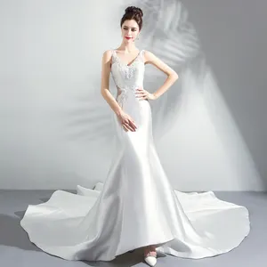 Hot France Imported Satin Aristocratic Pearl White Deep V-neck Fishtail Bridal Gown Zipper back Mermaid Wedding dress