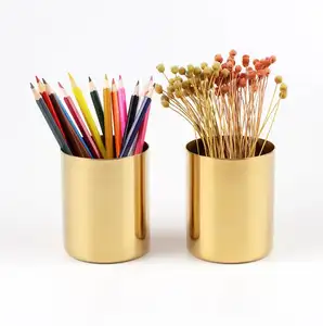 Gold Stainless Steel Cylinder Pen Holder for Desk Organizers and Stand Multi Purpose Use Pencil Pot