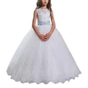 Robe longue en dentelle pour filles, robe bouffante, motif à fleurs blanches, tenue de concours, pour enfants