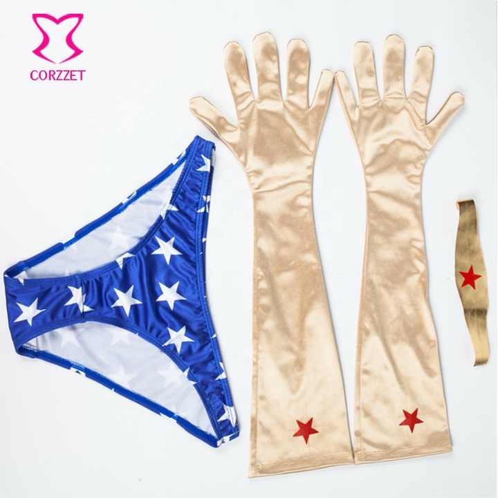 Corzzet Wonder Women Sexy Cosplay Inklusive rotem Kunstleder korsett & Gold handschuhen & Stirnband & Blue Thong Halloween Super woman Kostüme