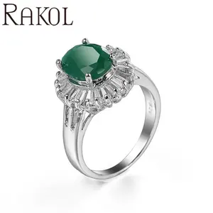 Rakol ZR2274 祖母绿圆形锆石长锆石白金婚礼订婚戒指