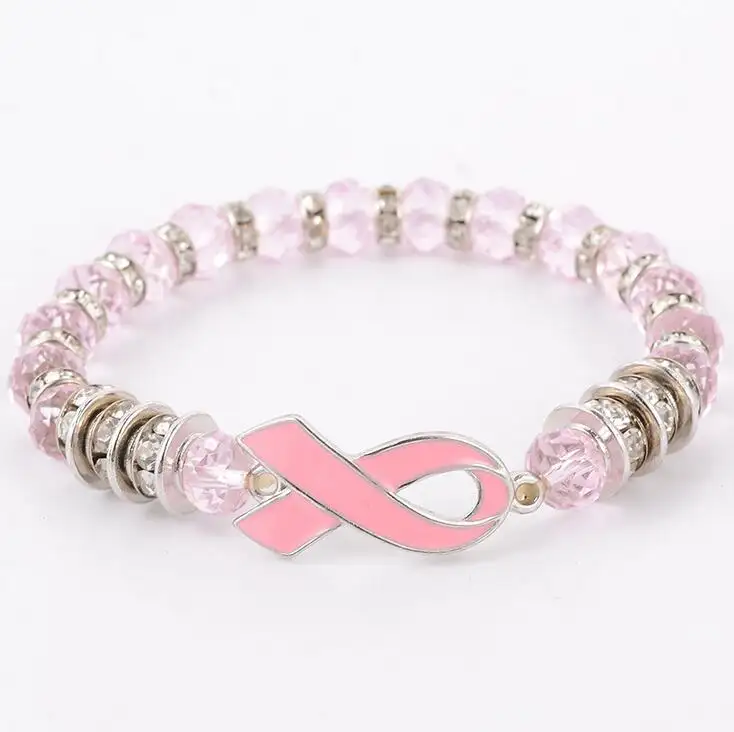 Hot selling glass bead bracelets red ribbon breast cancer awareness charms bracelets for women