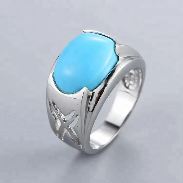 Anillo de plata de primera ley con gema para hombre, sortija ajustable, plata esterlina 925, piedra Natural, diseño personalizado, Color Turquesa