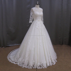 AK003 top qualité Français Dentelle col rond robe avec manches long train de mariage robe de mariage 2016 - Product Image 6