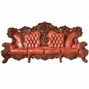 Luxurious 3D big Hand carved Wooden leather sofa set Living room leather Sofa