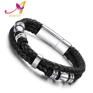 Punk estilo hombres joyería de cuero <span class=keywords><strong>del</strong></span> grano <span class=keywords><strong>del</strong></span> acero inoxidable accesorios Cierre magnético trenzado pulsera de cuero Doble - Product Image 1