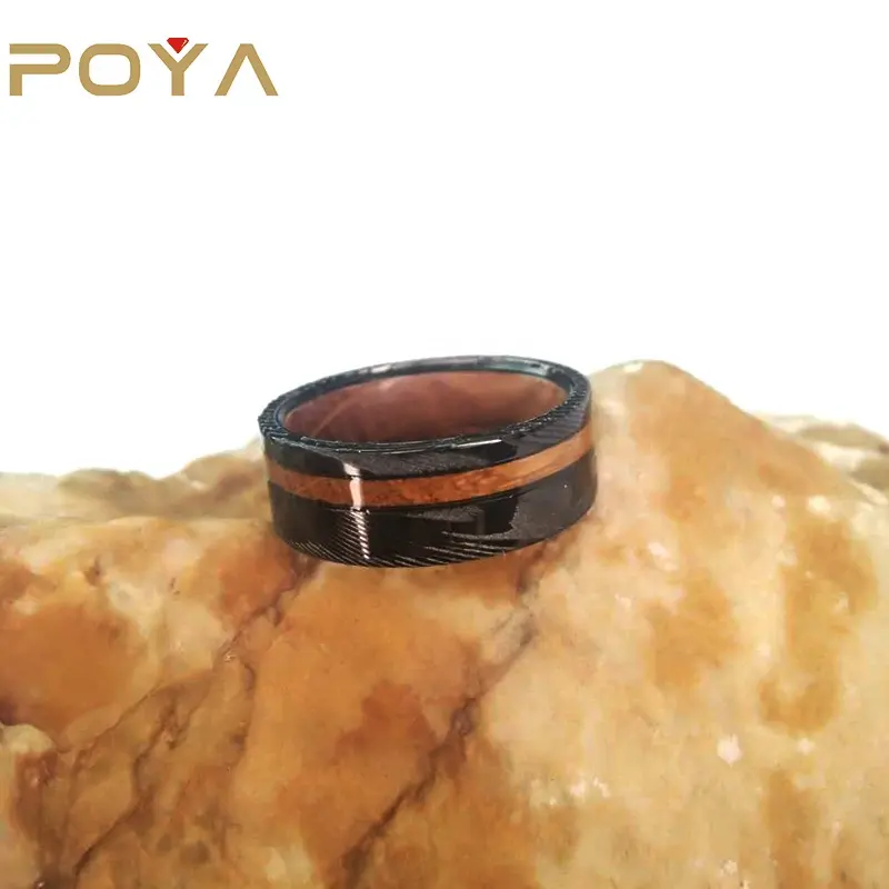 POYA Jewelry Led Finger Ring Flat Top InlayとWhiky Barrel Wood Damascus Steel 8ミリメートルWedding BandsまたはRings Engagement MEN'S