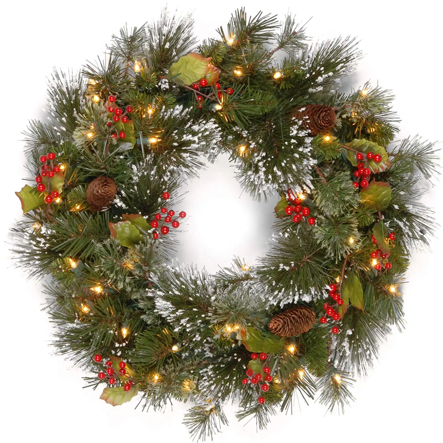 Spruce Wreath With Silver Bristles Cones Red Berries Warm White LED Lights With Timer Christmas Wreath